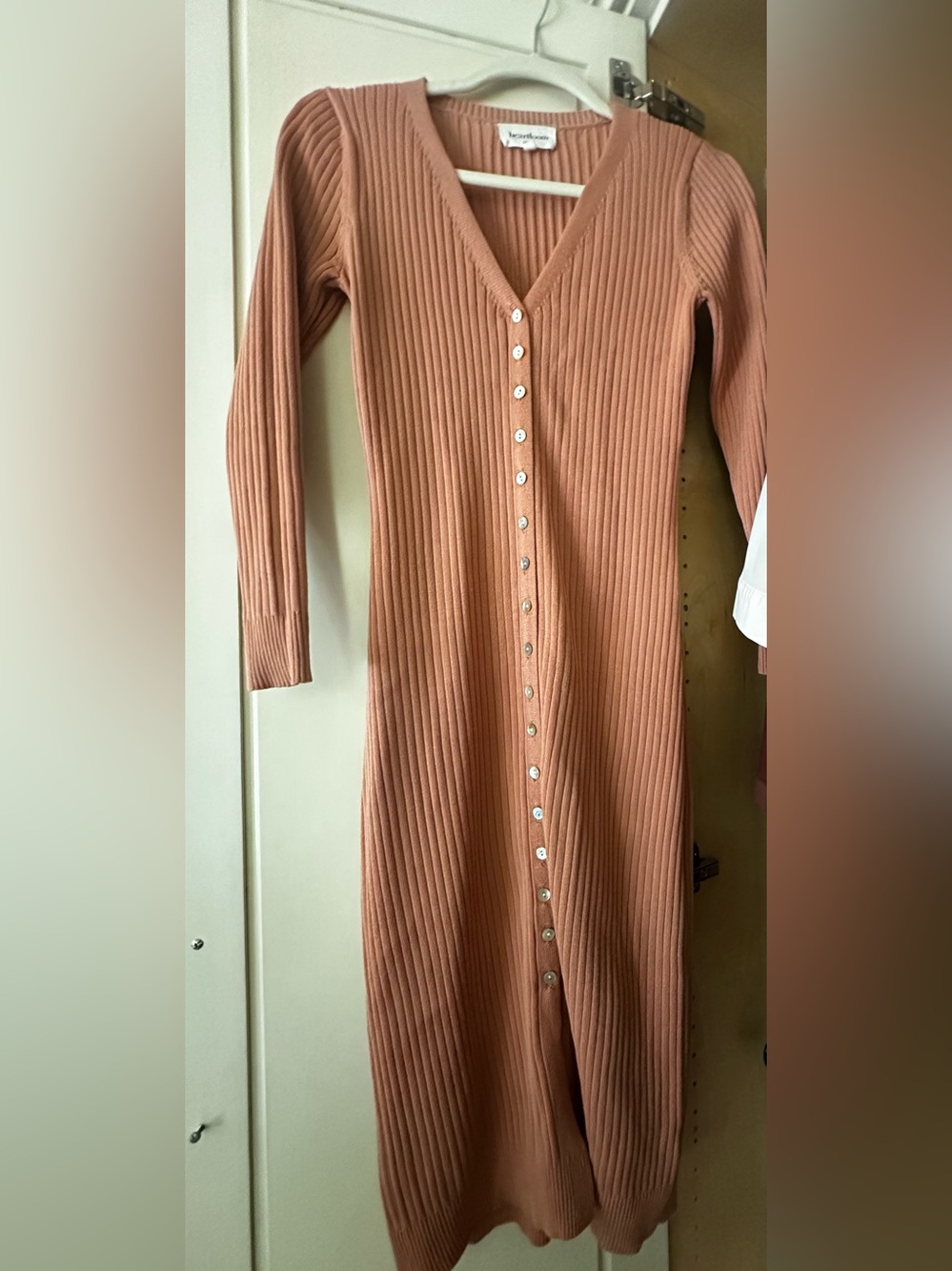 Heartloom Ribbed Button-Front Long Sleeve Dress in Peach